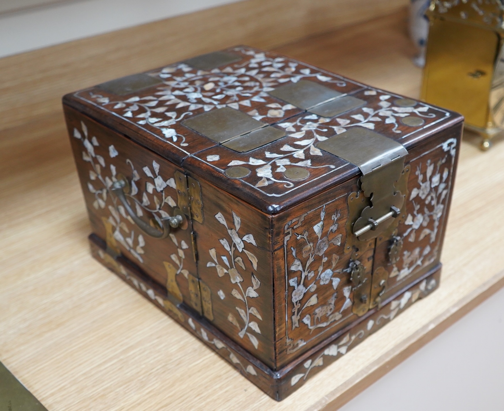 A 19th century Chinese hongmu and mother of pearl vanity case, 33cm long. Condition - fair to good